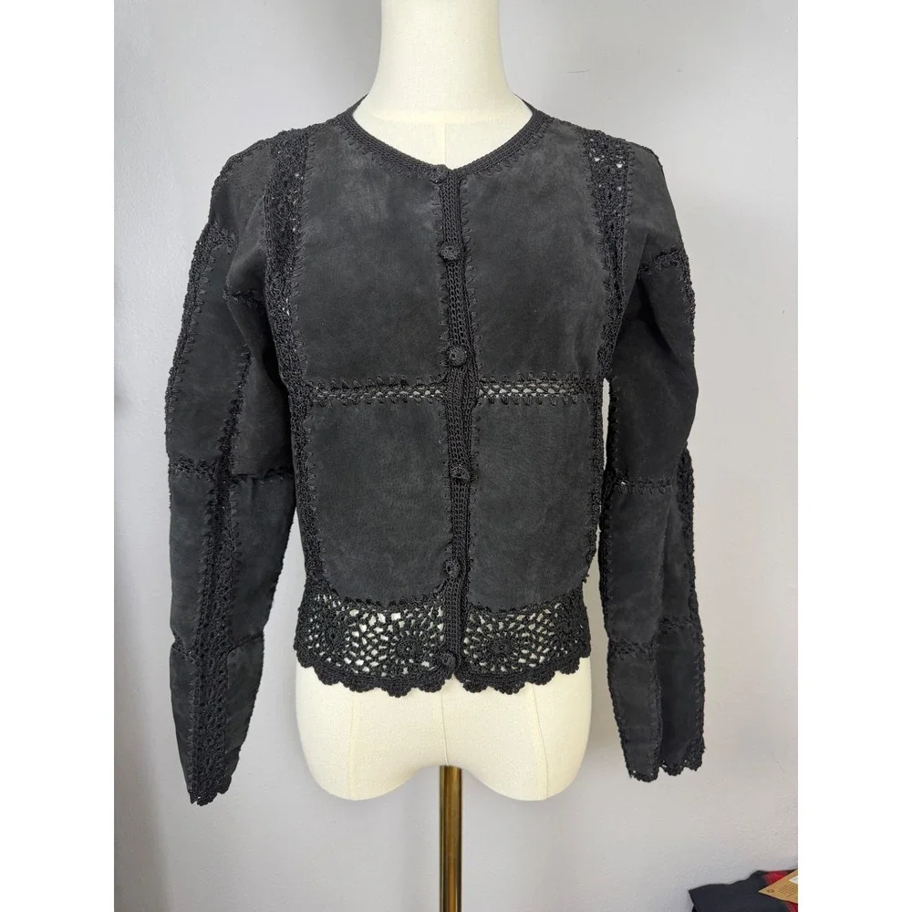 Gantos VTG Black Suede Leather Crochet Lace Trim Boho Western Jacket Womens Sz S - Picture 2 of 7